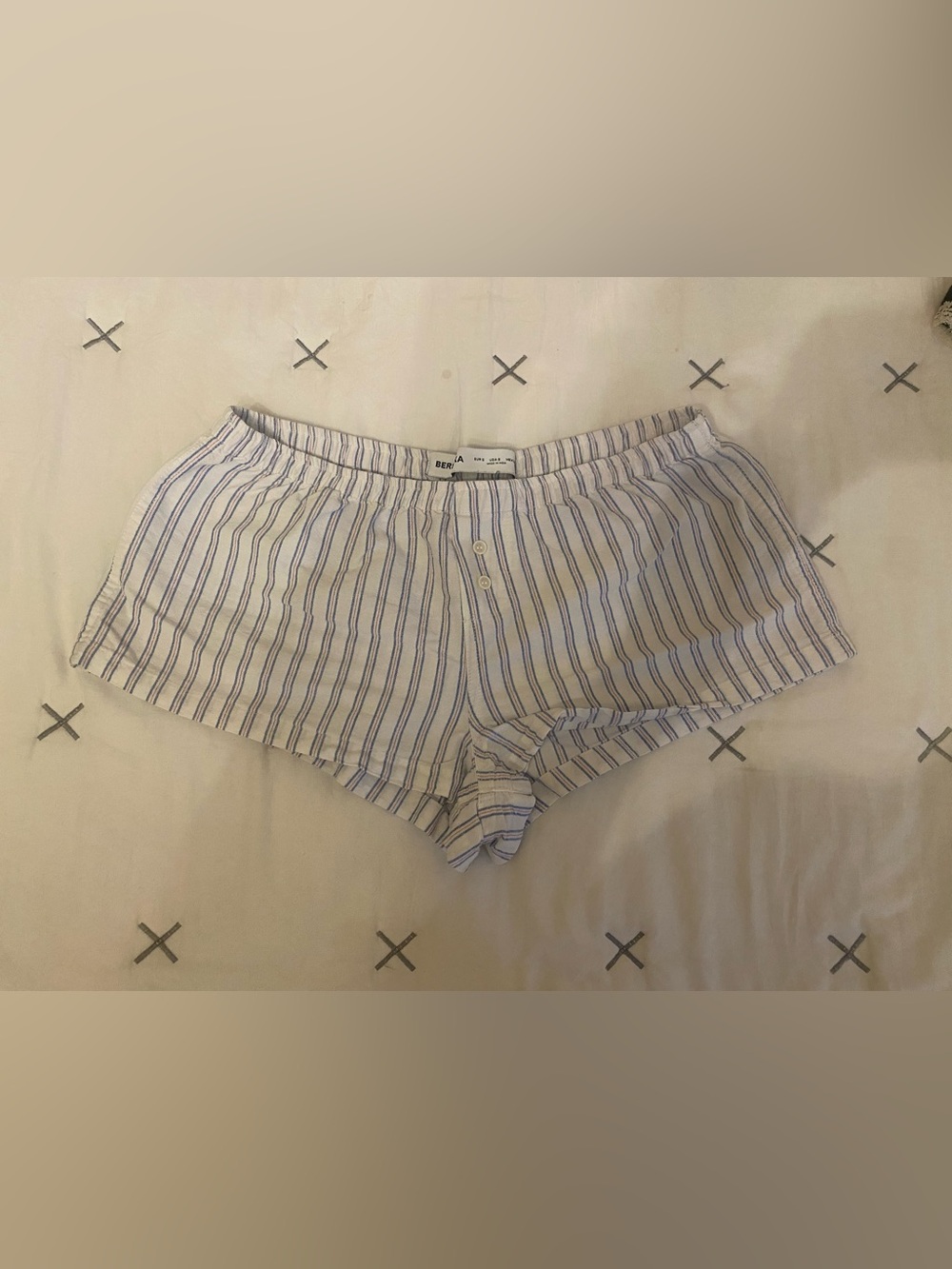 Bershka White and Blue Striped Cotton Sleep Shorts